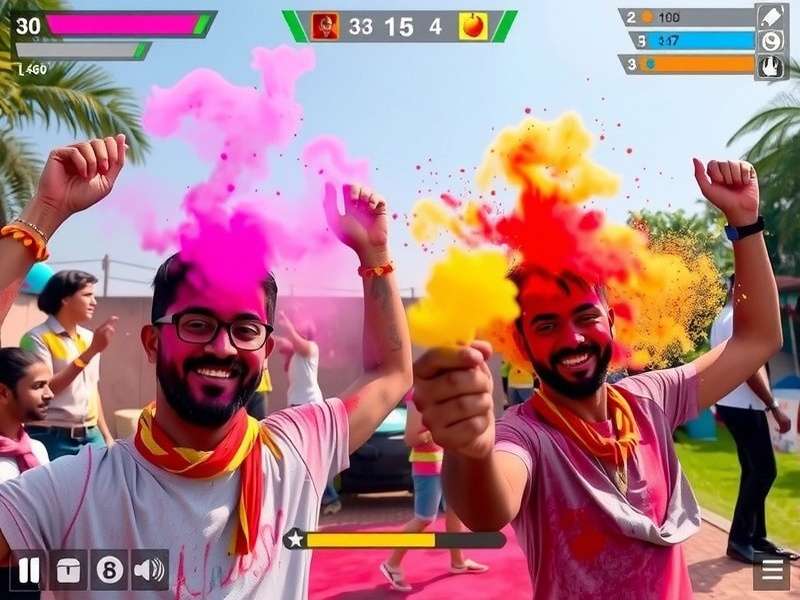 Cheerful Holi Fest gameplay showing color throwing mechanics